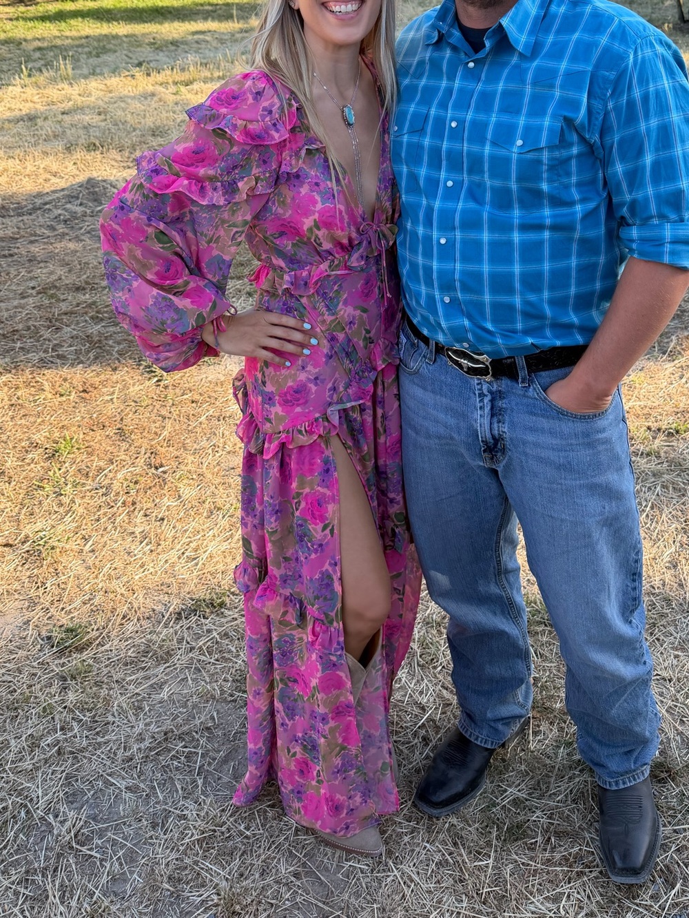 For Love & Lemons Annie Pink Floral V-Neck Ruffle Maxi Dress